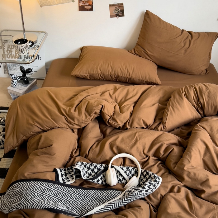 91家纺网 家纺一手货源 找家纺 梦卓家纺 2025爆款ins风超柔褶皱亲肤磨毛水洗棉四件套 焦糖