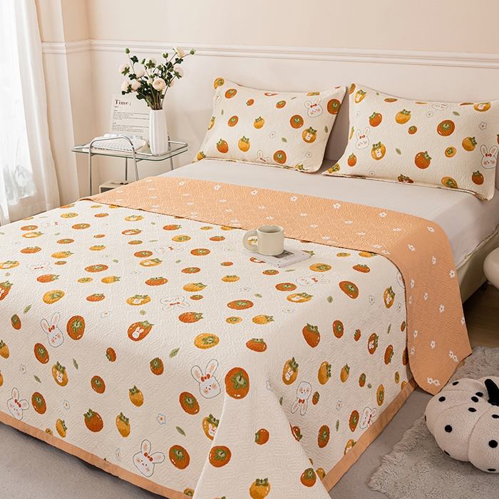 91家纺网 家纺一手货源 找家纺 2025新款13070双面全棉砂洗大直边床盖三件套四件套 喜事兔