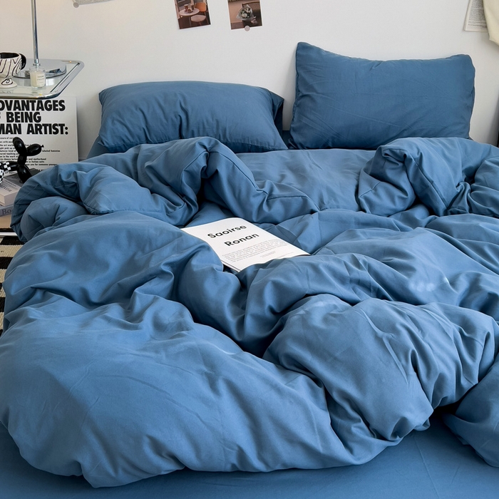 91家纺网 家纺一手货源 找家纺 梦卓家纺 2025爆款ins风超柔褶皱亲肤磨毛水洗棉四件套 爵士蓝