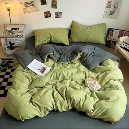 91家纺网 家纺一手货源 找家纺 梦卓家纺 2025爆款ins风超柔褶皱亲肤磨毛水洗棉四件套 芥末绿＋深灰