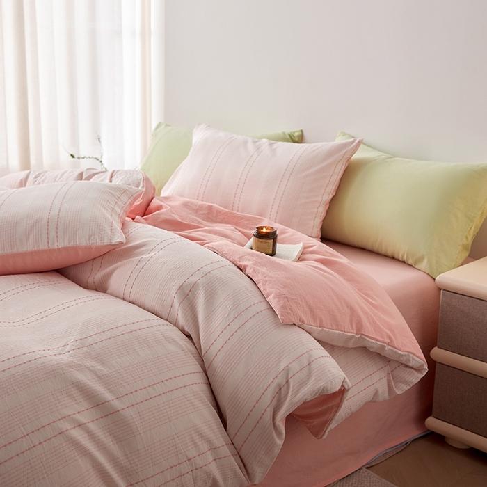 91家纺网 家纺一手货源 找家纺 2025春夏新品刺子米粒色织提花四件套 米粒-嫩粉