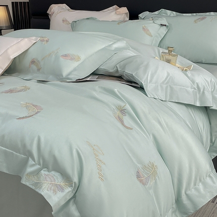 91家纺网 家纺一手货源 找家纺 2025春夏长绒棉四件套纯棉全棉轻奢风床单被套重工刺绣床上用品 芊羽梦-茶绿