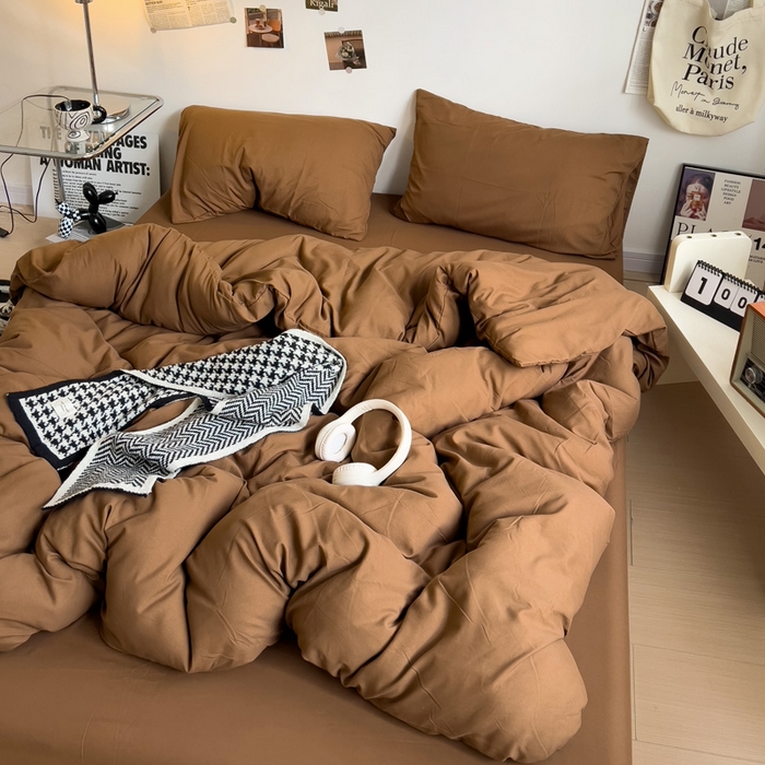 91家纺网 家纺一手货源 找家纺 梦卓家纺 2025爆款ins风超柔褶皱亲肤磨毛水洗棉四件套 焦糖