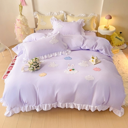 91家纺网 家纺一手货源 找家纺 慕语家纺 2025新款韩版水洗磨毛棉卡通贴布绣四件套-云朵兔 云朵兔-丁香紫