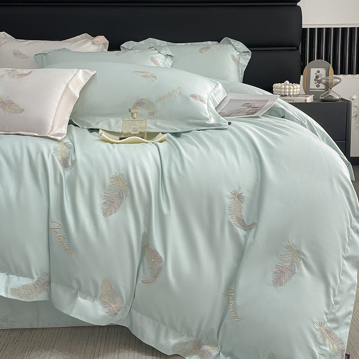 91家纺网 家纺一手货源 找家纺 2025春夏长绒棉四件套纯棉全棉轻奢风床单被套重工刺绣床上用品 芊羽梦-茶绿