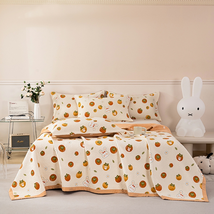 91家纺网 家纺一手货源 找家纺 2025新款13070双面全棉砂洗大直边床盖三件套四件套 喜事兔