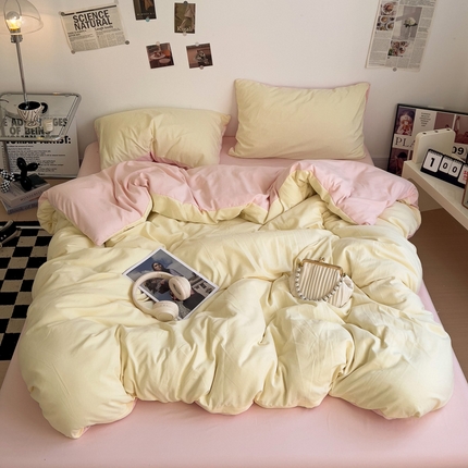 91家纺网 家纺一手货源 找家纺 梦卓家纺 2025爆款ins风超柔褶皱亲肤磨毛水洗棉四件套 奶黄＋水粉