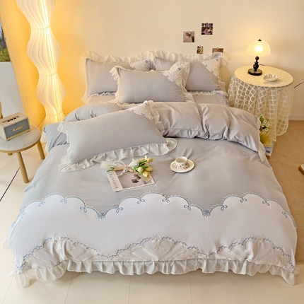 91家纺网 家纺一手货源 找家纺 慕语家纺 2025新款韩版高支高密水洗磨毛棉贴布绣四件套-克拉恋人 克拉恋人-仙仙灰