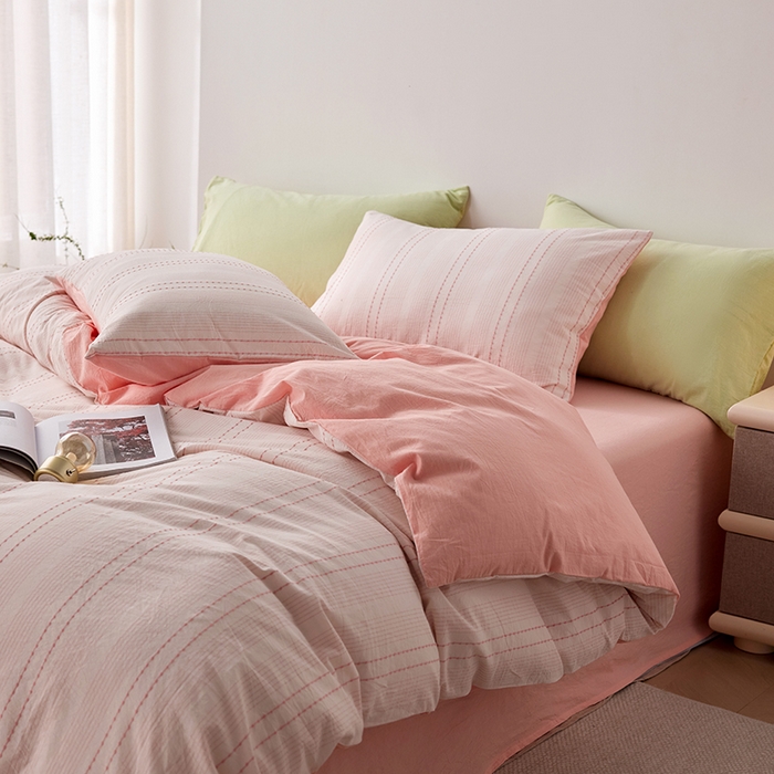 91家纺网 家纺一手货源 找家纺 2025春夏新品刺子米粒色织提花四件套 米粒-嫩粉