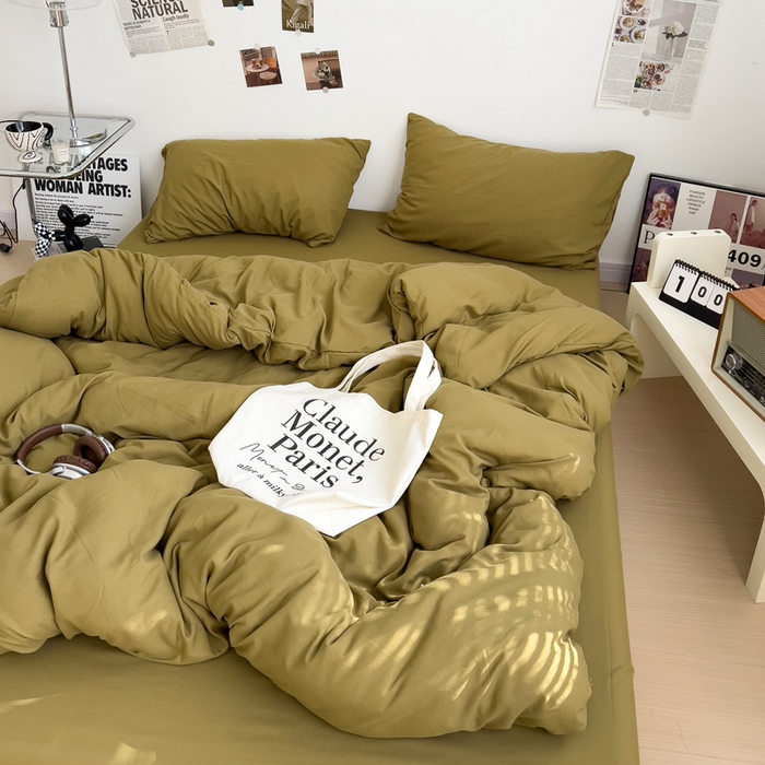 91家纺网 家纺一手货源 找家纺 梦卓家纺 2025爆款ins风超柔褶皱亲肤磨毛水洗棉四件套 姜黄