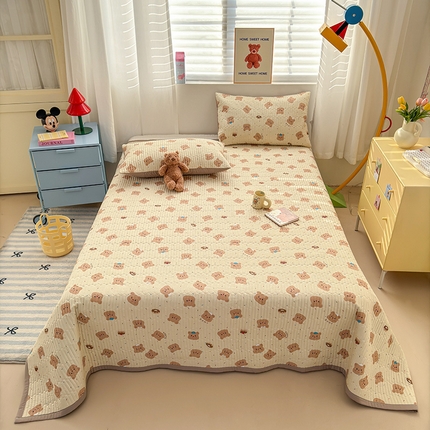 罗亿家纺 2025新款水洗棉双层纱夹棉绗缝床盖（提供买家秀） 奥利奥小熊