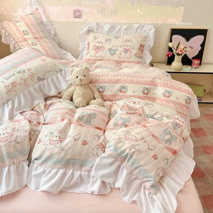 91家纺网 家纺一手货源 找家纺 （总）港岛妹妹 2025新款韩式INS减龄花边款卡通四件套（可提供买家秀）