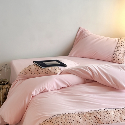 2025新款直播热款奶油公主风法式蕾丝花边四件套水洗磨毛纯色床笠学生三件套-简单爱 简单爱-粉