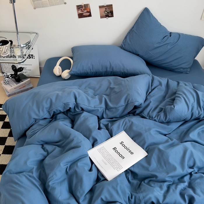 91家纺网 家纺一手货源 找家纺 梦卓家纺 2025爆款ins风超柔褶皱亲肤磨毛水洗棉四件套 爵士蓝