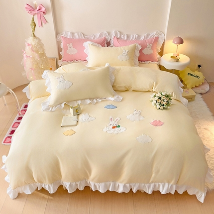 91家纺网 家纺一手货源 找家纺 慕语家纺 2025新款韩版水洗磨毛棉卡通贴布绣四件套-云朵兔 云朵兔-嫩黄