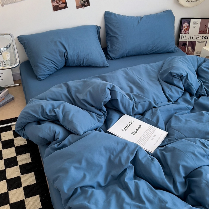 91家纺网 家纺一手货源 找家纺 梦卓家纺 2025爆款ins风超柔褶皱亲肤磨毛水洗棉四件套 爵士蓝