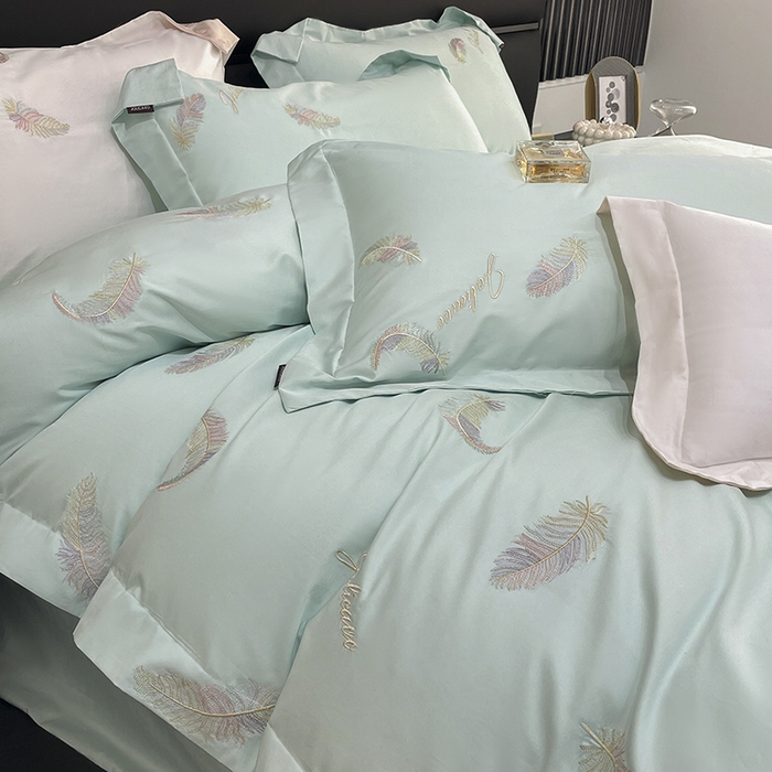 91家纺网 家纺一手货源 找家纺 2025春夏长绒棉四件套纯棉全棉轻奢风床单被套重工刺绣床上用品 芊羽梦-茶绿
