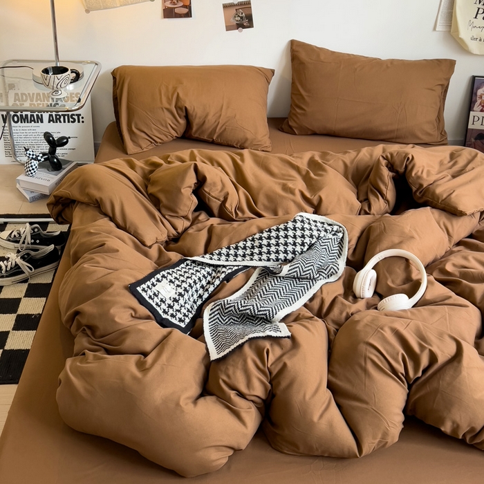 91家纺网 家纺一手货源 找家纺 梦卓家纺 2025爆款ins风超柔褶皱亲肤磨毛水洗棉四件套 焦糖