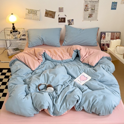 91家纺网 家纺一手货源 找家纺 梦卓家纺 2025爆款ins风超柔褶皱亲肤磨毛水洗棉四件套 雾霾蓝＋豆沙粉