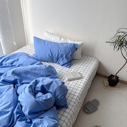 91家纺网 家纺一手货源 找家纺 2025新款色织水洗棉四件套海蓝画册系列-第一组 海蓝画册【枕套混搭盐白】