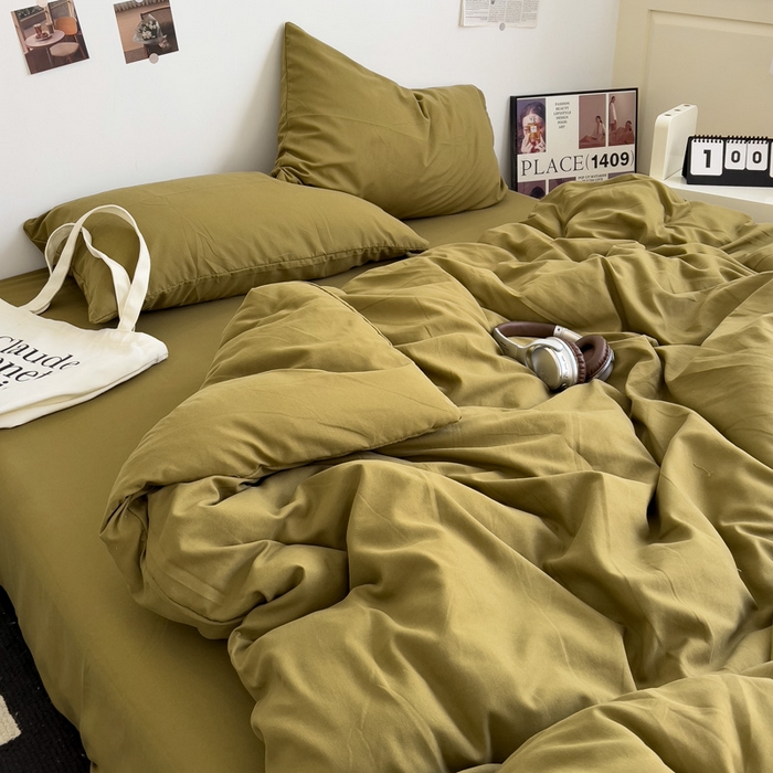 91家纺网 家纺一手货源 找家纺 梦卓家纺 2025爆款ins风超柔褶皱亲肤磨毛水洗棉四件套 姜黄