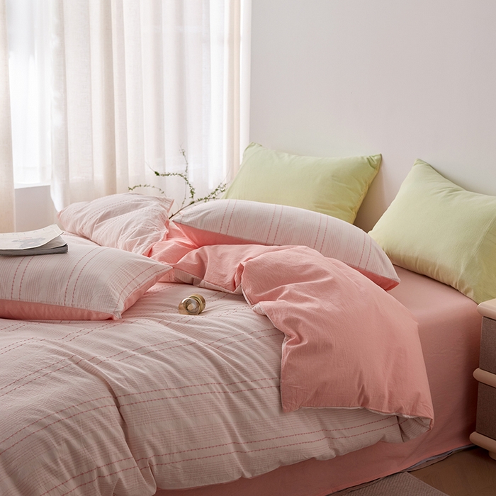 91家纺网 家纺一手货源 找家纺 2025春夏新品刺子米粒色织提花四件套 米粒-嫩粉