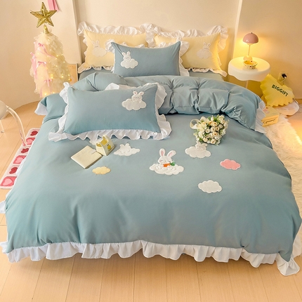 91家纺网 家纺一手货源 找家纺 慕语家纺 2025新款韩版水洗磨毛棉卡通贴布绣四件套-云朵兔 云朵兔-蓝灰