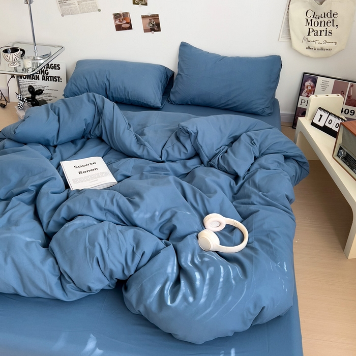 91家纺网 家纺一手货源 找家纺 梦卓家纺 2025爆款ins风超柔褶皱亲肤磨毛水洗棉四件套 爵士蓝