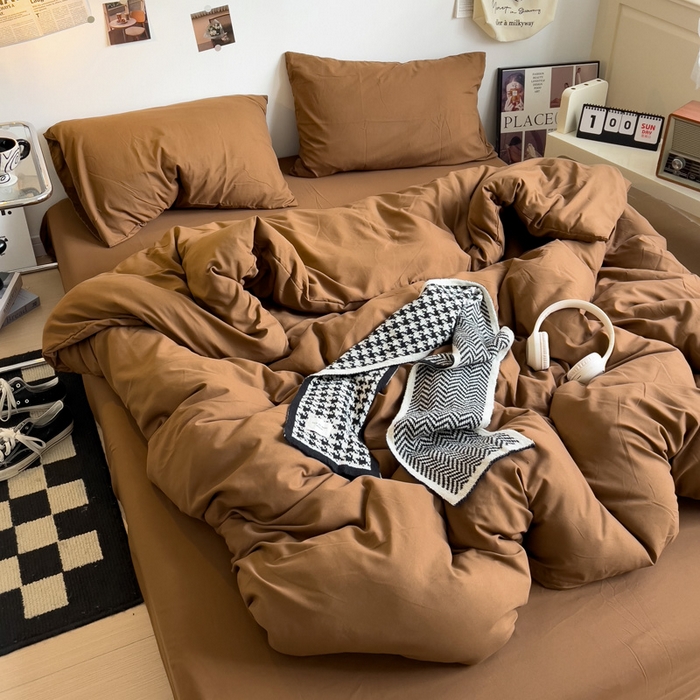 91家纺网 家纺一手货源 找家纺 梦卓家纺 2025爆款ins风超柔褶皱亲肤磨毛水洗棉四件套 焦糖