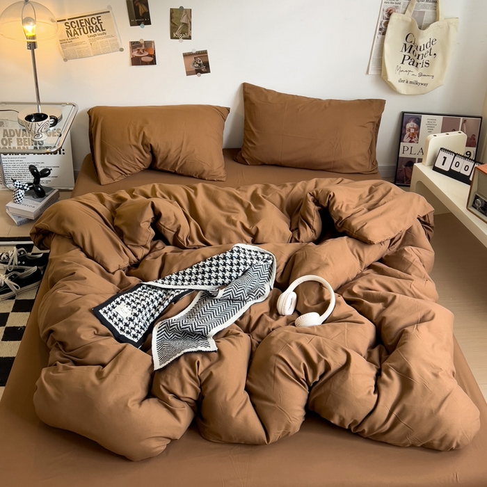 91家纺网 家纺一手货源 找家纺 梦卓家纺 2025爆款ins风超柔褶皱亲肤磨毛水洗棉四件套 焦糖