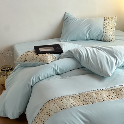 2025新款直播热款奶油公主风法式蕾丝花边四件套水洗磨毛纯色床笠学生三件套-简单爱 简单爱-蓝