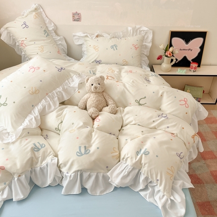 91家纺网 家纺一手货源 找家纺 港岛妹妹 2025新款韩式INS减龄花边款卡通四件套（可提供买家秀） 花边款-五彩蝴蝶结