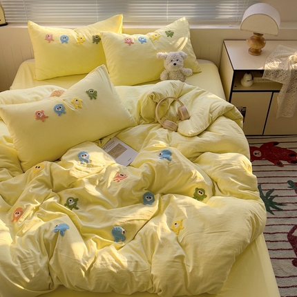 悦织湾家纺 2025春秋新款超柔水洗棉毛巾绣单被套四件套-怪兽 怪兽-奶黄