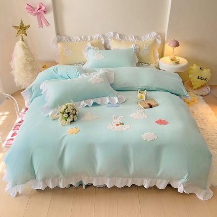 91家纺网 家纺一手货源 找家纺 慕语家纺 2025新款韩版水洗磨毛棉卡通贴布绣四件套-云朵兔 云朵兔-水绿