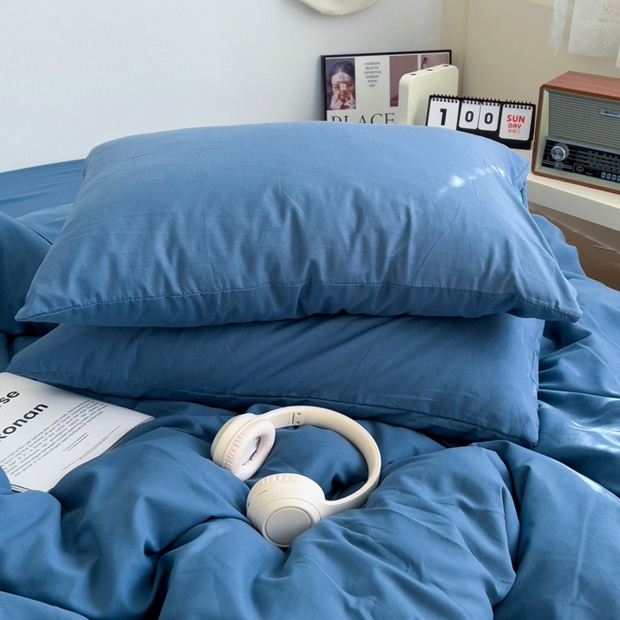 91家纺网 家纺一手货源 找家纺 梦卓家纺 2025爆款ins风超柔褶皱亲肤磨毛水洗棉四件套 爵士蓝