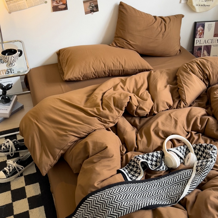 91家纺网 家纺一手货源 找家纺 梦卓家纺 2025爆款ins风超柔褶皱亲肤磨毛水洗棉四件套 焦糖