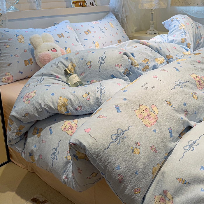 91家纺网 家纺一手货源 找家纺 奈颜 2025新款爆款云感提花双层纱裸睡四件套 动物派对