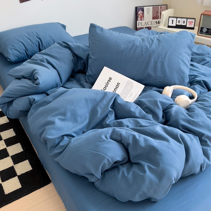 91家纺网 家纺一手货源 找家纺 梦卓家纺 2025爆款ins风超柔褶皱亲肤磨毛水洗棉四件套 爵士蓝