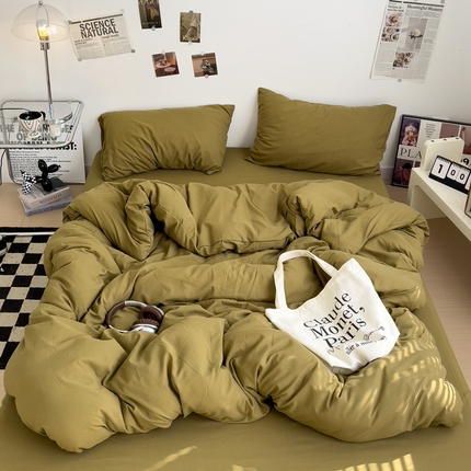 梦卓家纺 2025爆款ins风超柔褶皱亲肤磨毛水洗棉四件套 姜黄