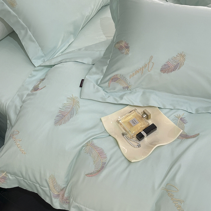 91家纺网 家纺一手货源 找家纺 2025春夏长绒棉四件套纯棉全棉轻奢风床单被套重工刺绣床上用品 芊羽梦-茶绿