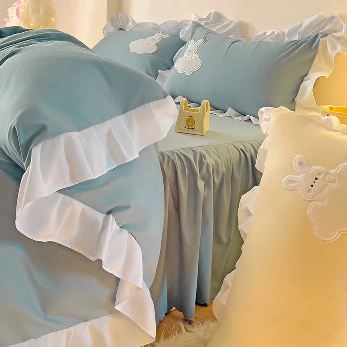 91家纺网 家纺一手货源 找家纺 慕语家纺 2025新款韩版水洗磨毛棉卡通贴布绣四件套-云朵兔 云朵兔-蓝灰