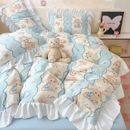 91家纺网 家纺一手货源 找家纺 港岛妹妹 2025新款韩式INS减龄花边款卡通四件套（可提供买家秀） 花边款-蓝色蕾丝兔