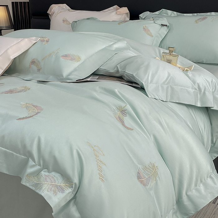 91家纺网 家纺一手货源 找家纺 2025春夏长绒棉四件套纯棉全棉轻奢风床单被套重工刺绣床上用品 芊羽梦-茶绿