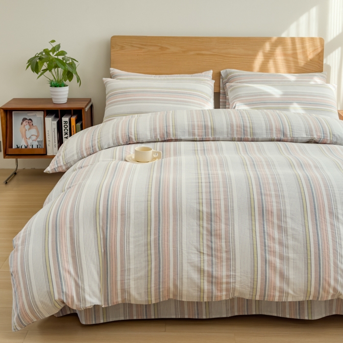 91家纺网 家纺一手货源 找家纺 2025新款简约款色织水洗棉四件套 沐妍粉