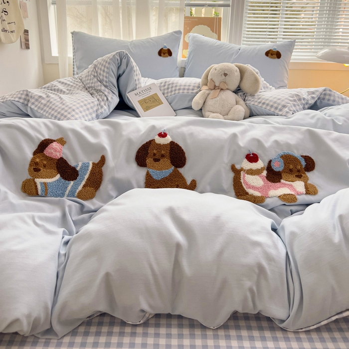 91家纺网 家纺一手货源 找家纺 梦之岛 2025云朵棉ins腊肠狗可爱毛巾绣四件套 格子小狗-蓝