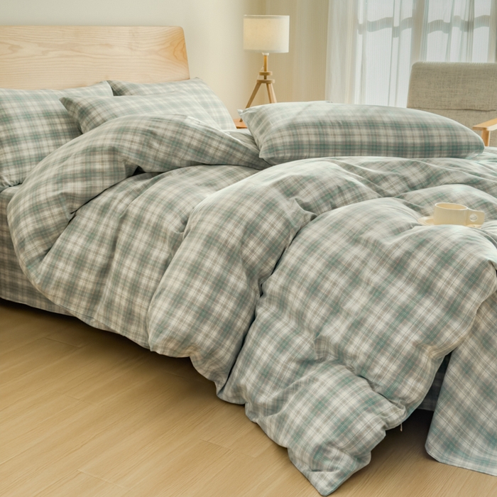 91家纺网 家纺一手货源 找家纺 2025新款简约款色织水洗棉单品被套 可可绿