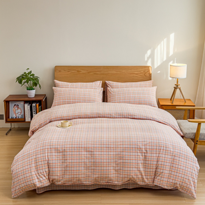 91家纺网 家纺一手货源 找家纺 2025新款简约款色织水洗棉单品被套 可可桔