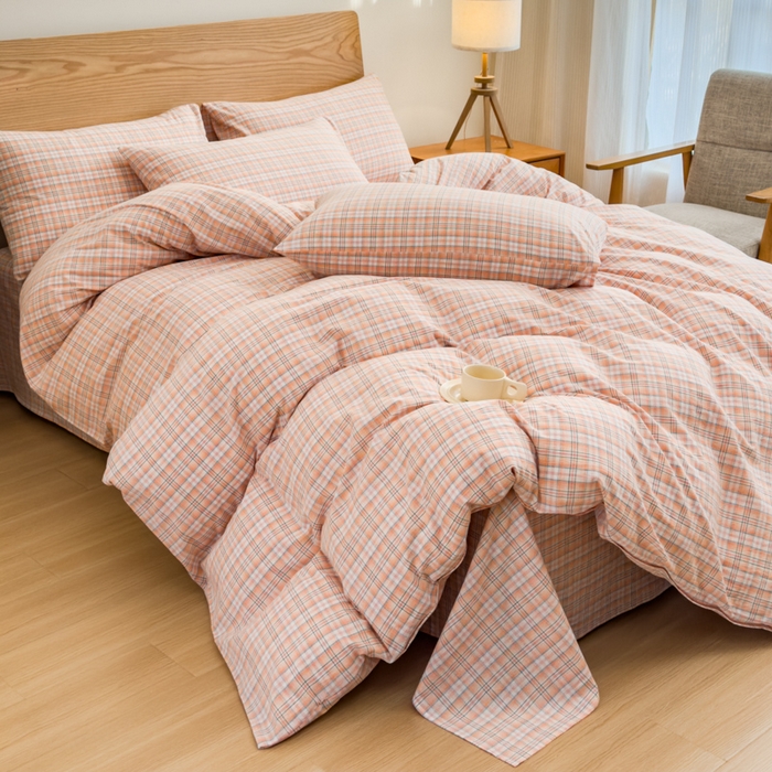 91家纺网 家纺一手货源 找家纺 2025新款简约款色织水洗棉四件套 可可桔