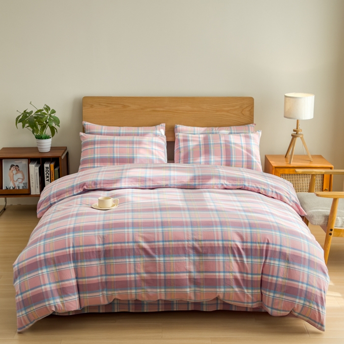 91家纺网 家纺一手货源 找家纺 2025新款简约款色织水洗棉单品被套 昭华粉