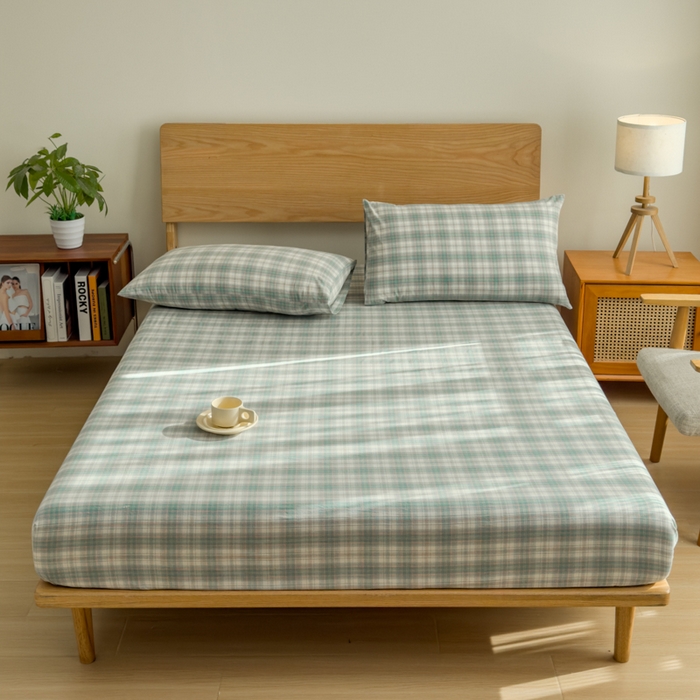 91家纺网 家纺一手货源 找家纺 2025新款简约款色织水洗棉单品床笠 可可绿